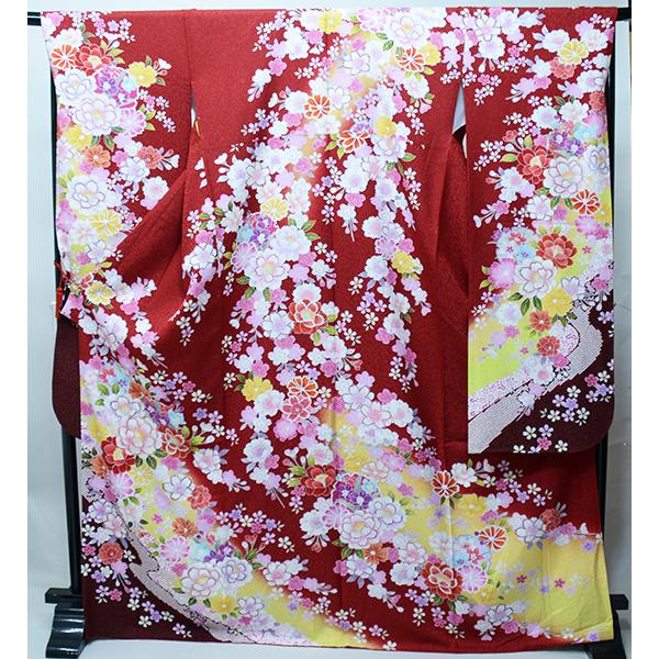 振袖 正絹 着物 単品 仕立て上がり 百花繚乱 ラメ 金駒縫 深い赤色 