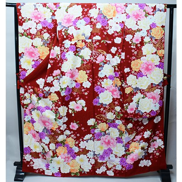 振袖 正絹 着物 単品 仕立て上がり 百花繚乱 薔薇 蝶々 赤色 成人式  