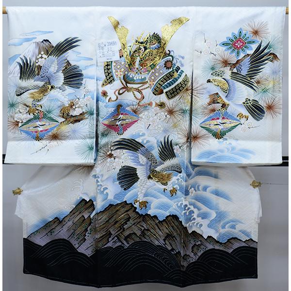 お宮参り 産着 のしめ 男児 正絹 綸子地 金刺繍 青緑色 鷹 NO42273 お