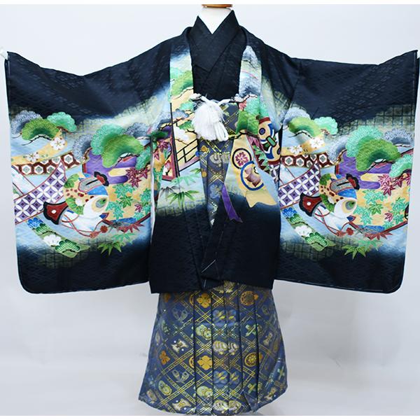七五三 五歳 男児 羽織袴フルセット 着物 金刺繍 綸子地 黒地 鷹 紋袴 