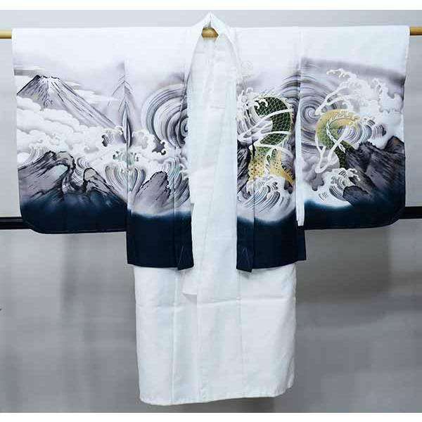 七五三 五歳 男児 羽織・着物・襦袢3点セット 金刺繍 綸子地 白地 龍 