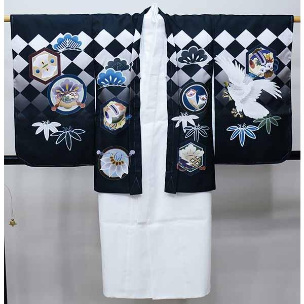 七五三 五歳 男児 羽織・着物・襦袢3点セット 金刺繍 綸子地 黒地 兜