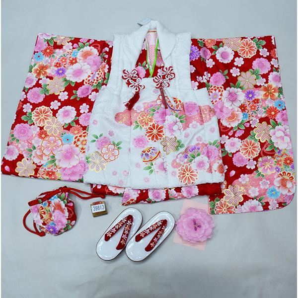七五三 三歳 女児 被布着物セット 正絹 夢想 百花繚乱 白×赤 3歳
