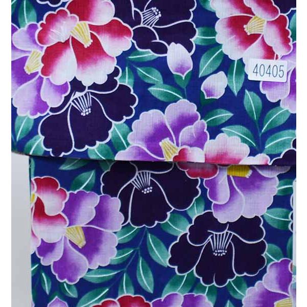 浴衣 女性用 単品 仕立て上がり 綿80％ 麻20％ 紺色 花柄 適合身長152