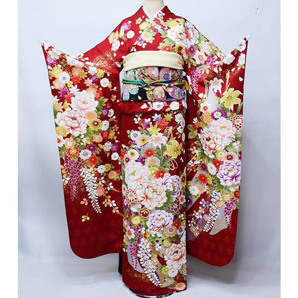 振袖 正絹 着物単品 仕立て上がり 百花繚乱 金刺繍 金駒縫 赤色 成人式  