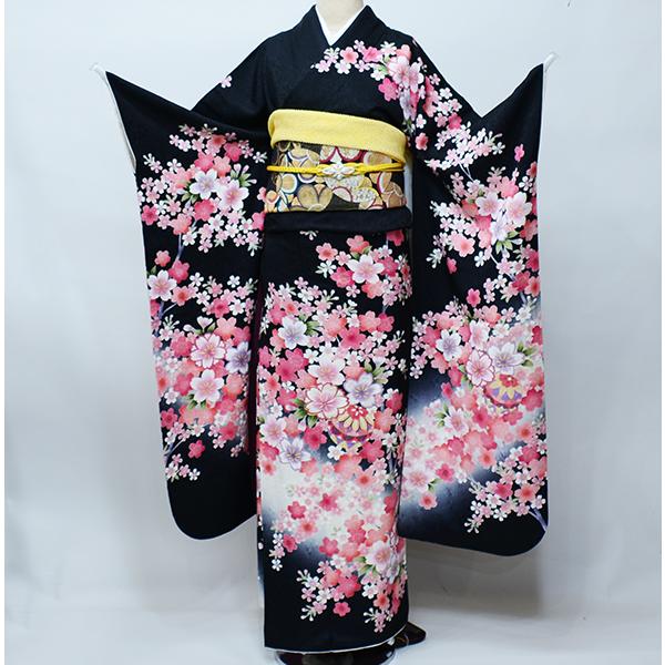 振袖 正絹 着物単品 仕立て上がり 百花繚乱 金駒縫 黒地 成人式 結納 