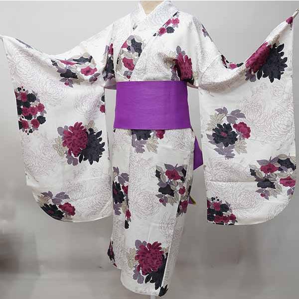 二尺袖着物 単品 仕立て上がり 着物丈はショート丈 白地 くすみカラー 