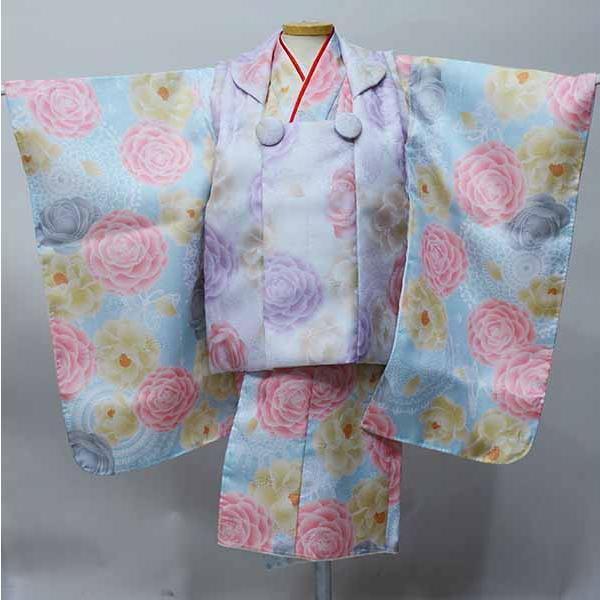 七五三 三歳 女児 被布着物フルセット 百花繚乱 水色×赤色 お仕立て無料 七五三 三歳 女児 被布着物フルセット 百花繚乱 淡い水色 薔薇 祝着