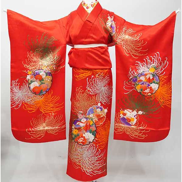 七歳 7歳 7才 七才 女児 着物と長襦袢セット 仕立て上がり 朱色 菊