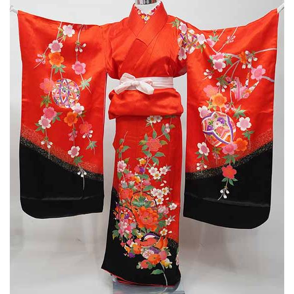 新品☆７歳着物と長襦袢 七歳 7歳 7才 七才 女児 着物と長襦袢セット 仕立て上がり 朱色×黒 鼓