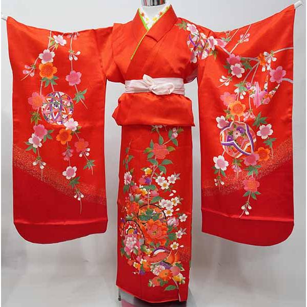 七歳 7歳 7才 七才 女児 着物と長襦袢セット 仕立て上がり 朱色 鼓 桜