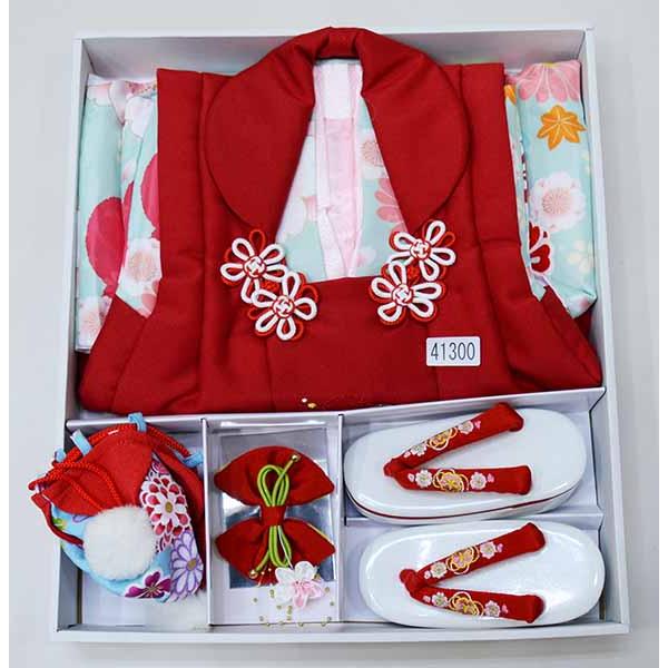 七五三 三歳 女児 被布着物フルセット 被布に刺繍入り 水色 被布は赤色