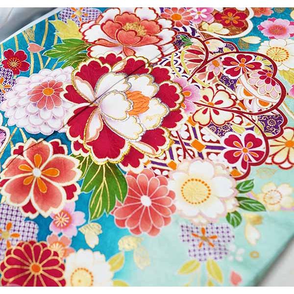 振袖 正絹 着物単品 仕立て上がり 百花繚乱 金刺繍 ターコイズ