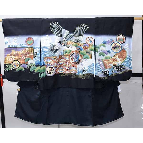 七五三 五歳 男児 正絹 着物 羽織袴フルセット 黒地 鷹 生地は