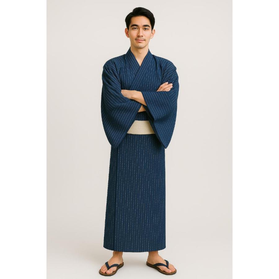 浴衣 しじら 単品 男性用 Mサイズ 綿85％ 麻15％ しじら織り 紺色 縞柄