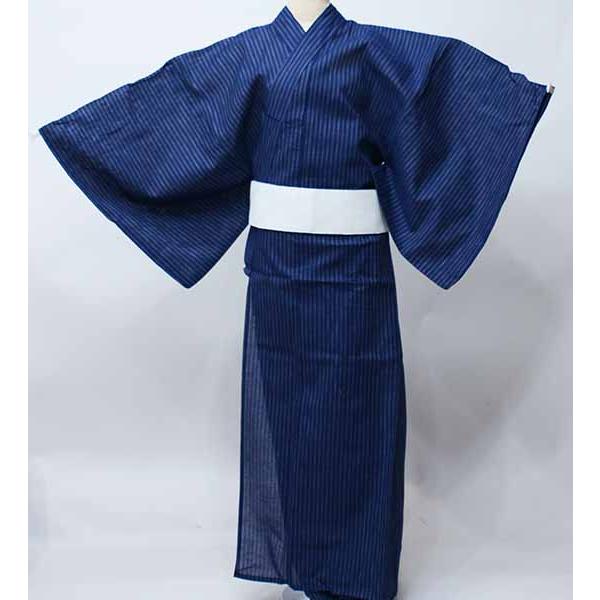 浴衣 しじら 単品 男性用 Mサイズ 綿85％ 麻15％ しじら織り 紺色 縞柄