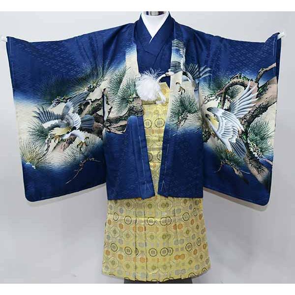 七五三 五歳 男児 着物 羽織袴フルセット 金刺繍 紺地 鷹 綸子地 紋袴