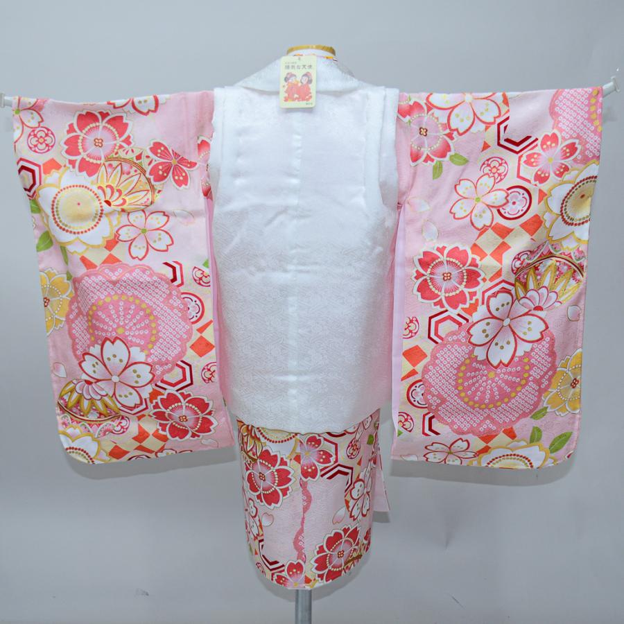 七五三 三歳 三才 女児 被布着物フルセット 日本製 金彩 淡いピンク×白色 七五三 着物 3歳 女の子 ブランド被布セット Shikibu Roman 式部