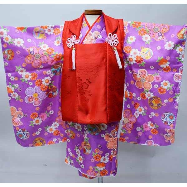 七五三 三歳 女児 被布 着物 フルセット 紫色×赤色 ポリエステル 3歳 3