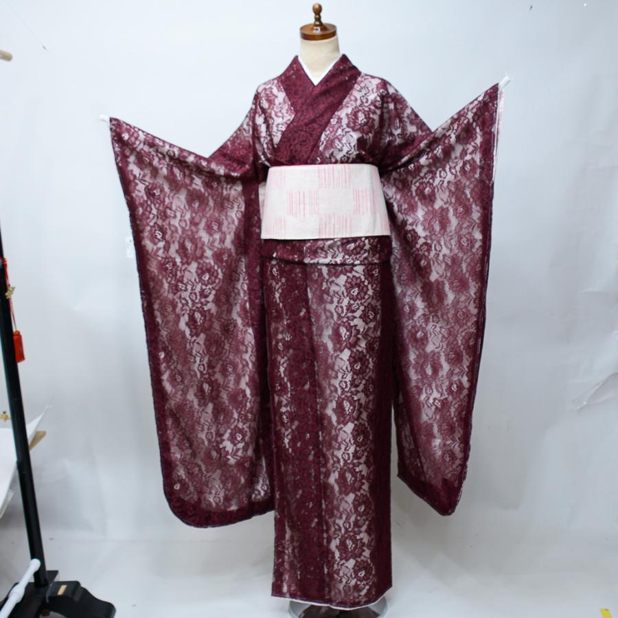 振袖 レース振袖 着物 単品 合繊 仕立て上がり 総レース ワインレッド