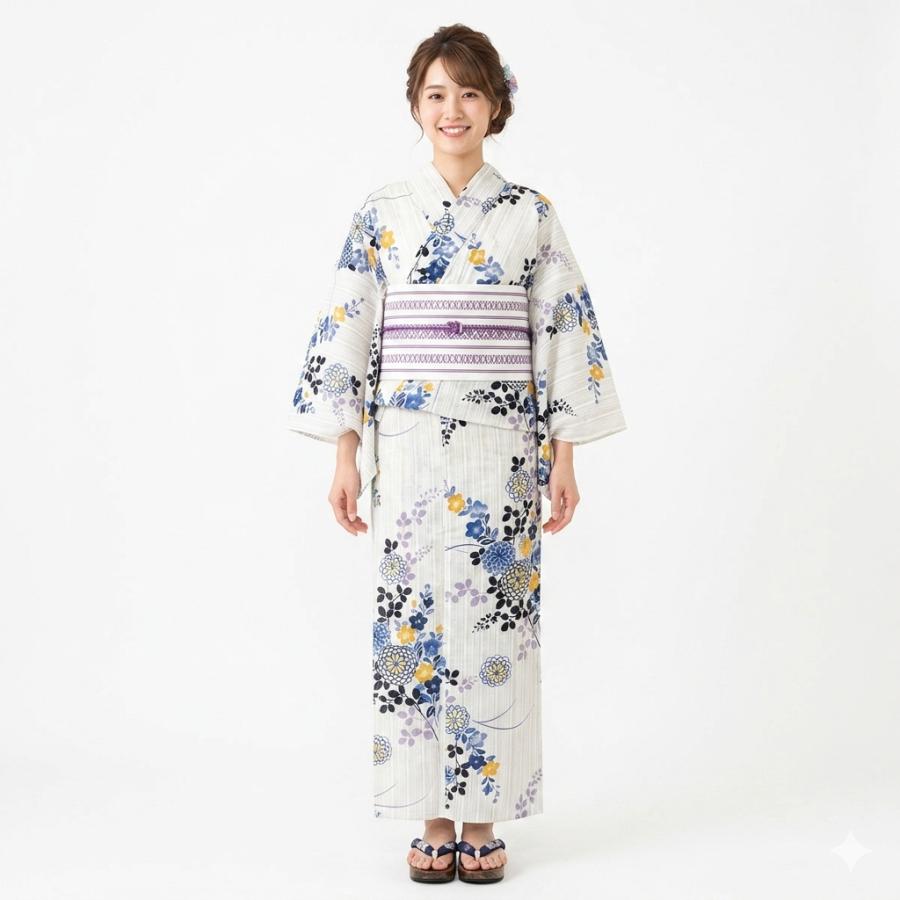 浴衣 女性用 単品 仕立て上がり 綿85％ 麻15％ 淡いベージュ 桔梗 菊