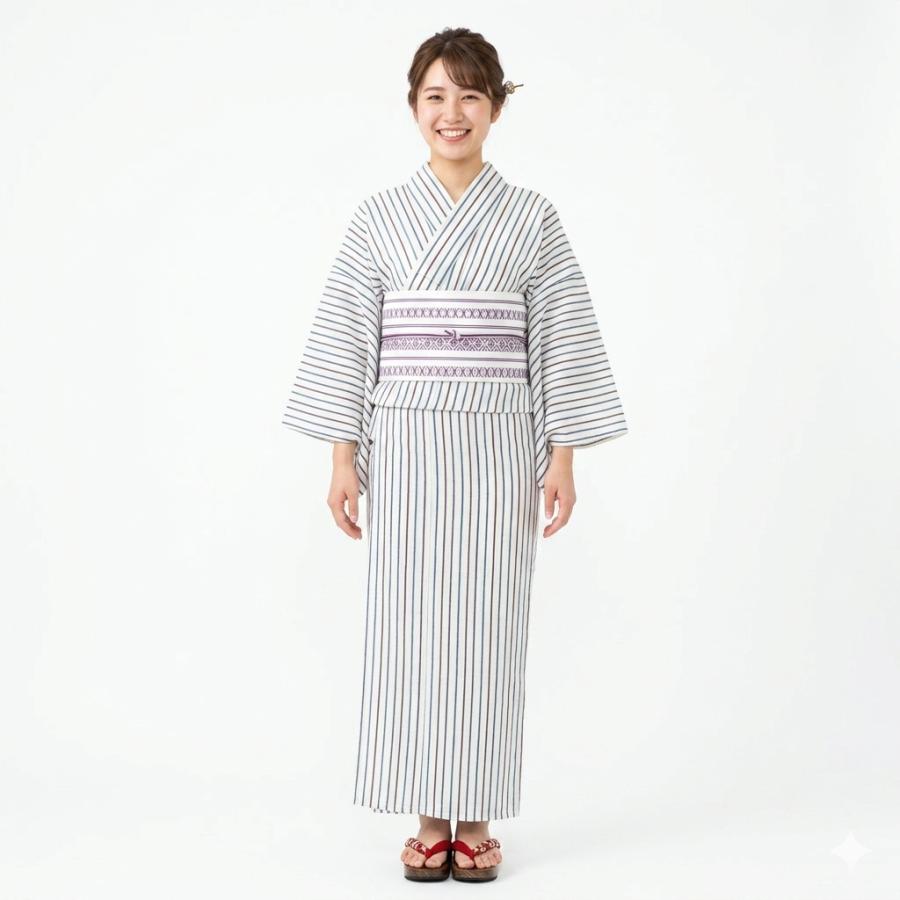 浴衣 単品 女性用 仕立て上がり しじら織 綿85％ 麻15％ 縞柄 白地