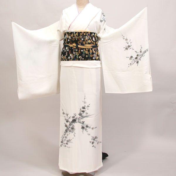 着物◎訪問着 化繊 絽 白地に平安美人 紫式部 藤花房 美しい十二単 