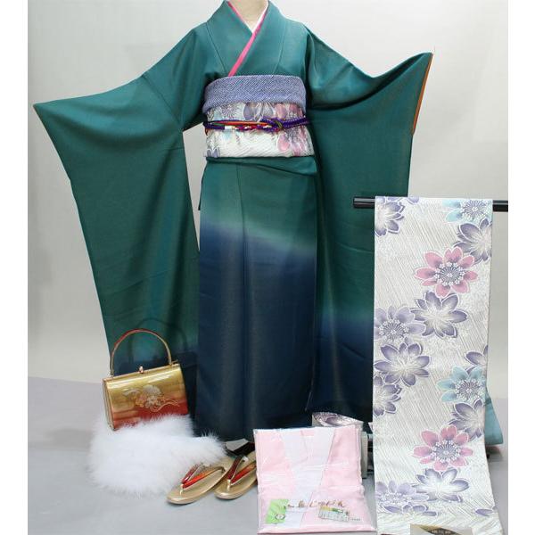振袖 着物 フルセット 正絹 緑暈し 小物まで20点一式すべて揃う 7日間レンタル（株）安田屋【レンタル】R146