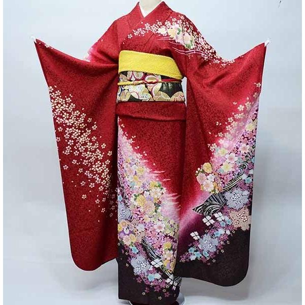 振袖　赤　百花繚乱　正絹　153㎝　袖丈88㎝　26534 二尺袖　縮緬 振袖 着物 フルセット 正絹 百花繚乱 赤色 渋い赤色 小物まで20点一式
