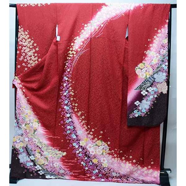 振袖　赤　百花繚乱　正絹　153㎝　袖丈88㎝　26534 二尺袖　縮緬 振袖 着物 フルセット 正絹 百花繚乱 赤色 渋い赤色 小物まで20点一式