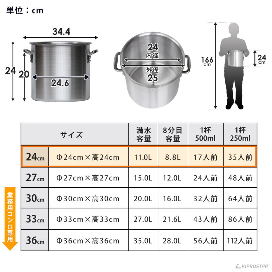 IH対応 寸胴鍋 プレミア アルミ 業務用 24cm KIPROSTAR  鍋 カレー鍋 スープ 寸胴 アルミ鍋 電磁調理器対応｜yasukichi｜12