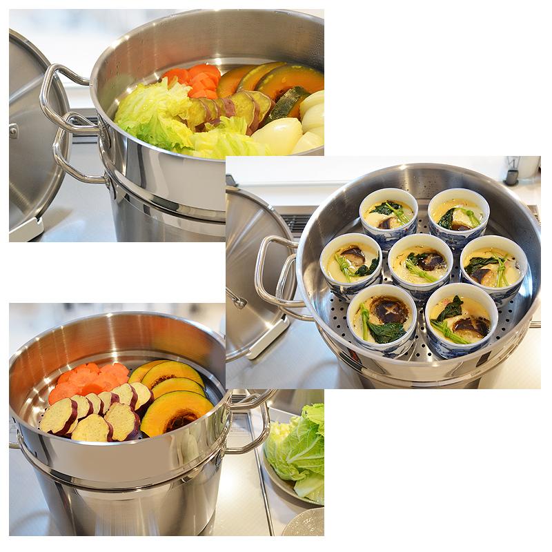 蒸し器 IHステンレス半寸胴鍋 28cm 蒸し器2段セット 業務用 IH対応