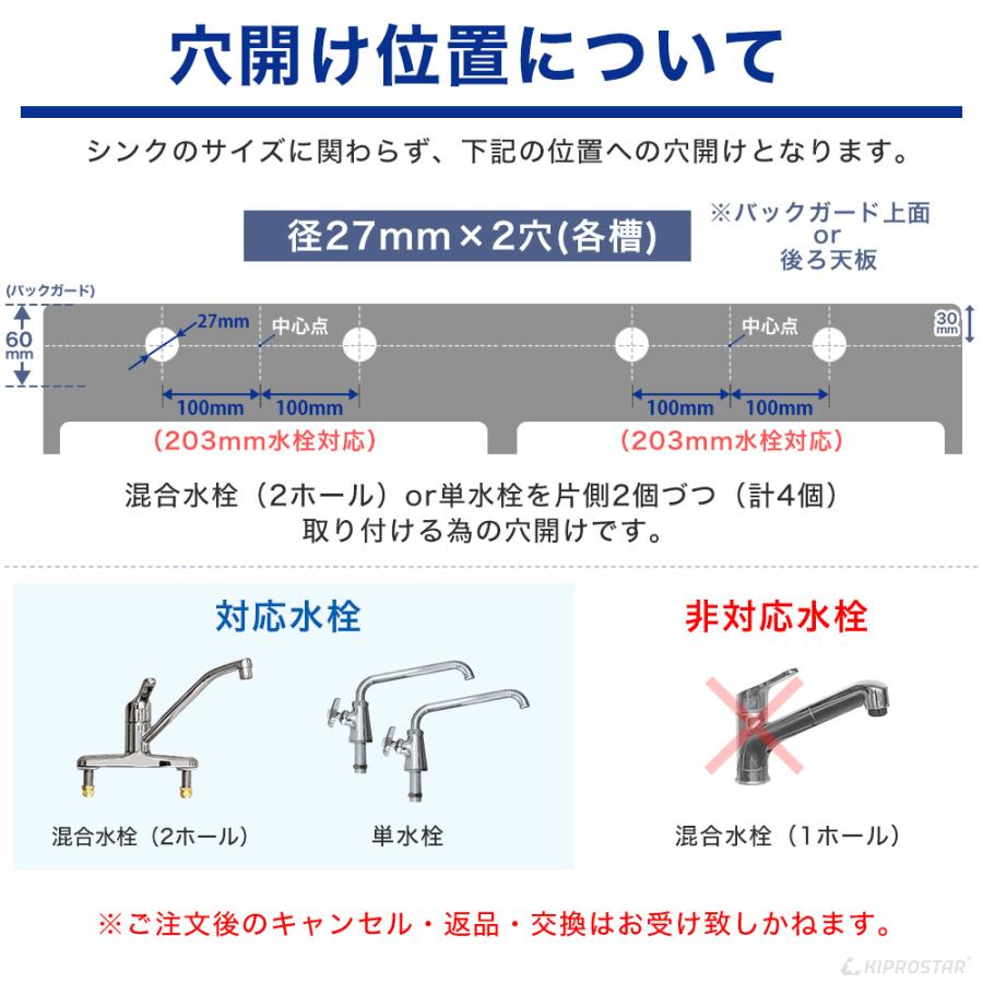 工賃】業務用ステンレスシンク KSシリーズ用 穴開けオプション (2槽式