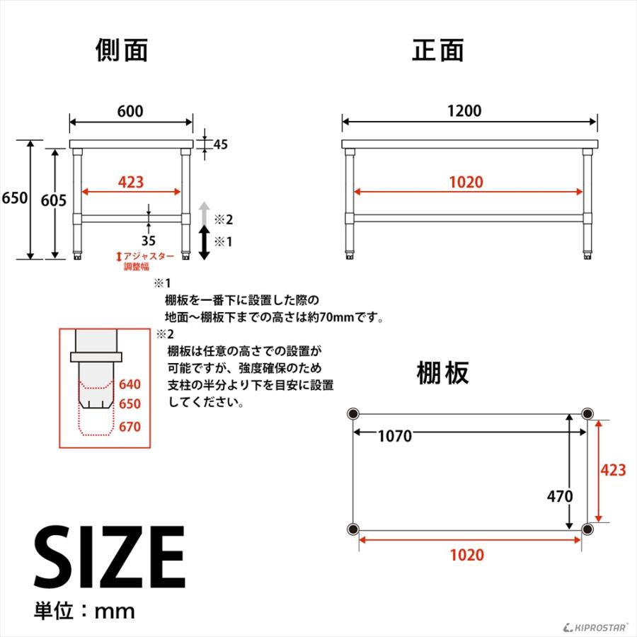ステンレス コンロ台 業務用 調理台 1200×600×650 板厚1.2mmモデル 120