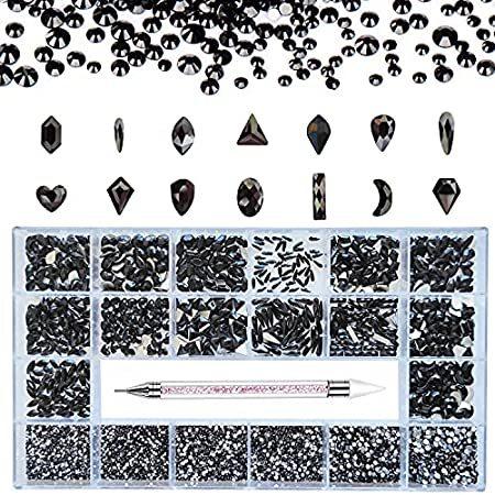 Vikerer Black Nail Rhinestones Kit, 10780pcs Multi Shapes Crystal Glass Rhi ラインストーン、パーツ