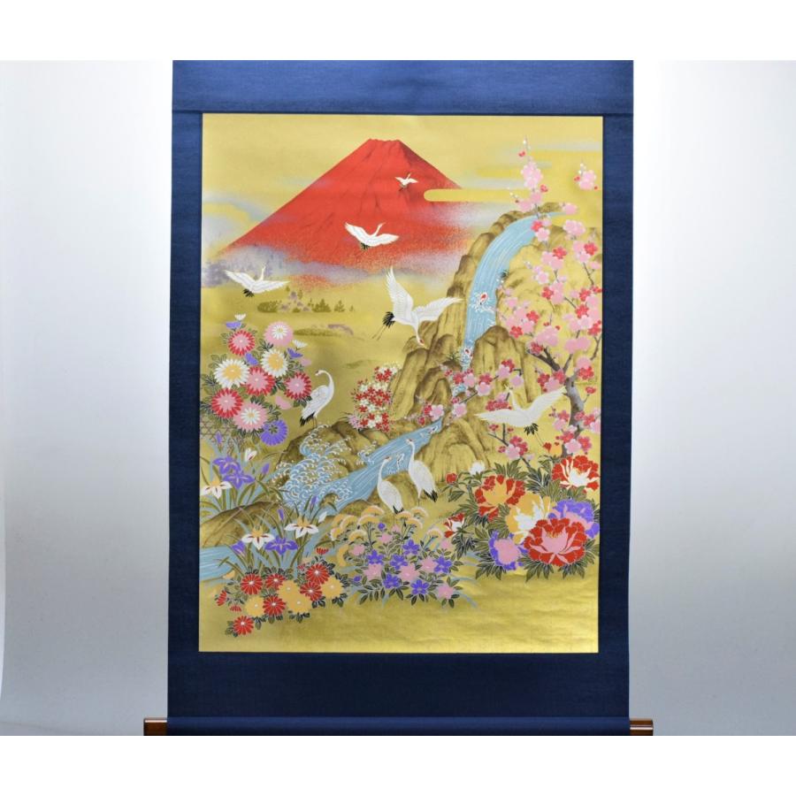 和紙掛け軸　鶴に茜富士