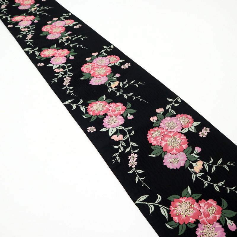 袋帯 桜の花柄 膨れ織り 六通柄 黒 ブラック 和装着物 長さ440cm 8FB5  