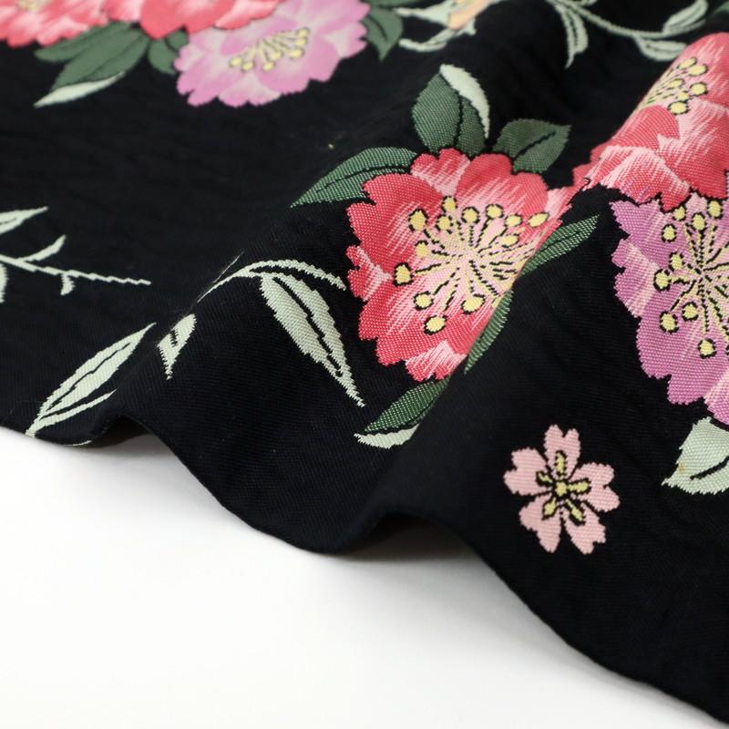 袋帯 桜の花柄 膨れ織り 六通柄 黒 ブラック 和装着物 長さ440cm 8FB5  