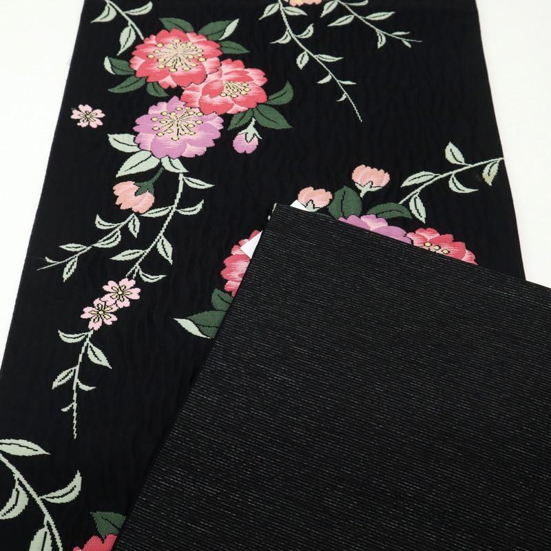 袋帯 桜の花柄 膨れ織り 六通柄 黒 ブラック 和装着物 長さ440cm 8FB5  
