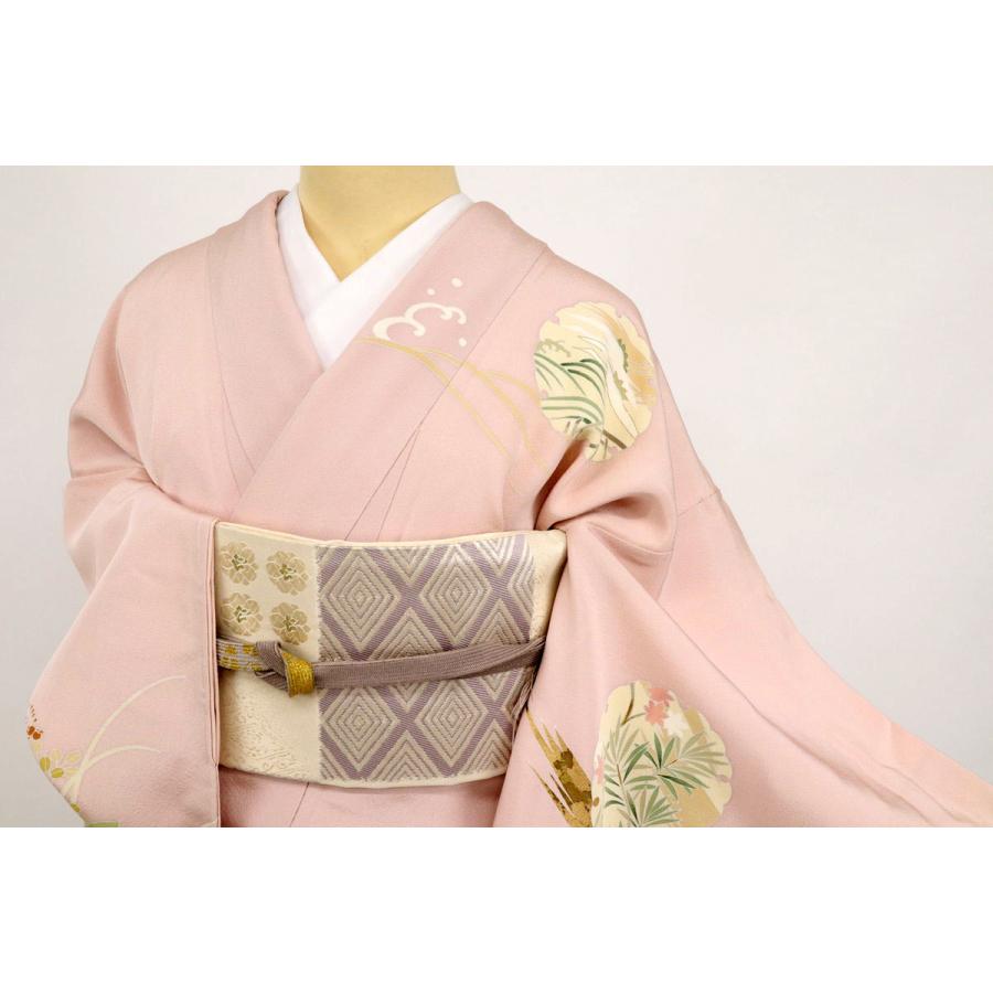 訪問着 袷着物 金彩 雪輪に花模様 礼装 灰ピンク 正絹 祝事や式典に 