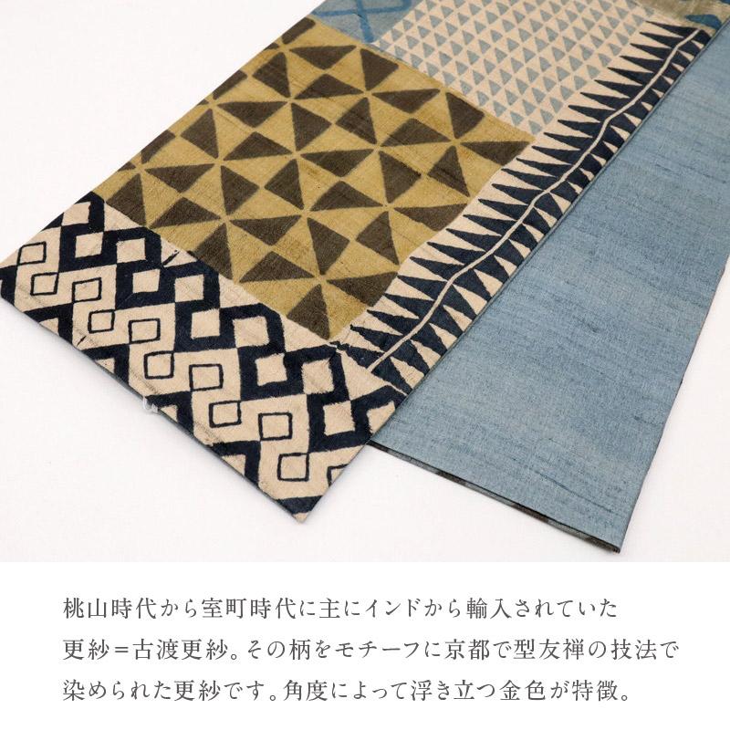 新品 半幅帯 ギャラリー凛 木版更紗幾何学柄 タッサーシルク 長さ約420cm 帯幅約17cm 和装 BY9-1の画像