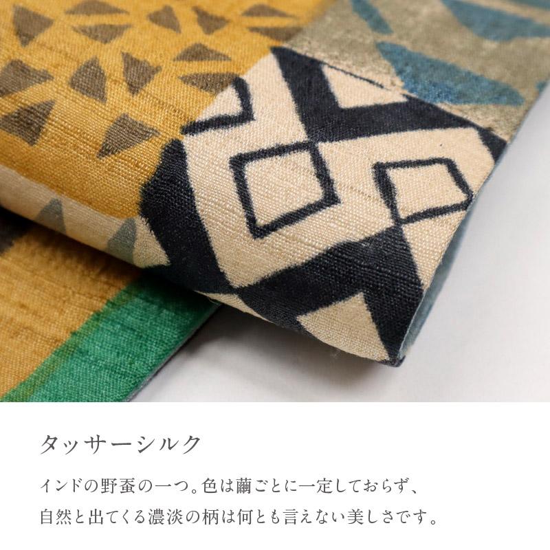 新品 半幅帯 ギャラリー凛 木版更紗幾何学柄 タッサーシルク 長さ約420cm 帯幅約17cm 和装 BY9-1の画像