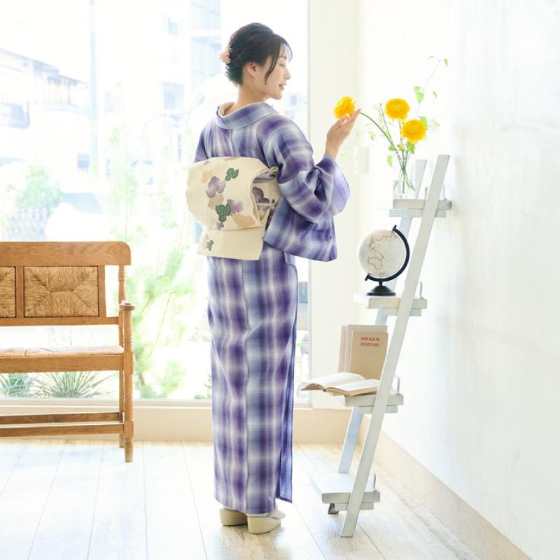 洗える着物 阿波しじら《お仕立て代込み》グラデーションチェック 菫