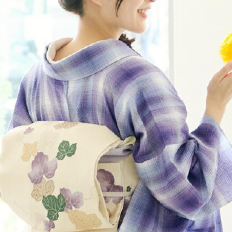 洗える着物 阿波しじら《お仕立て代込み》グラデーションチェック 菫
