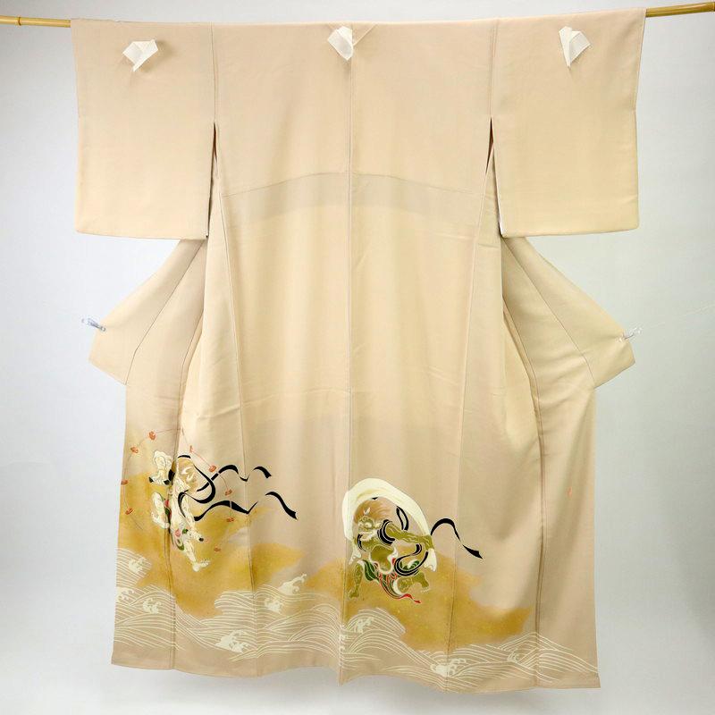 作家物 色留袖 立浪 青海波 風神雷神 ベージュ 三つ紋 袷 正絹 着物