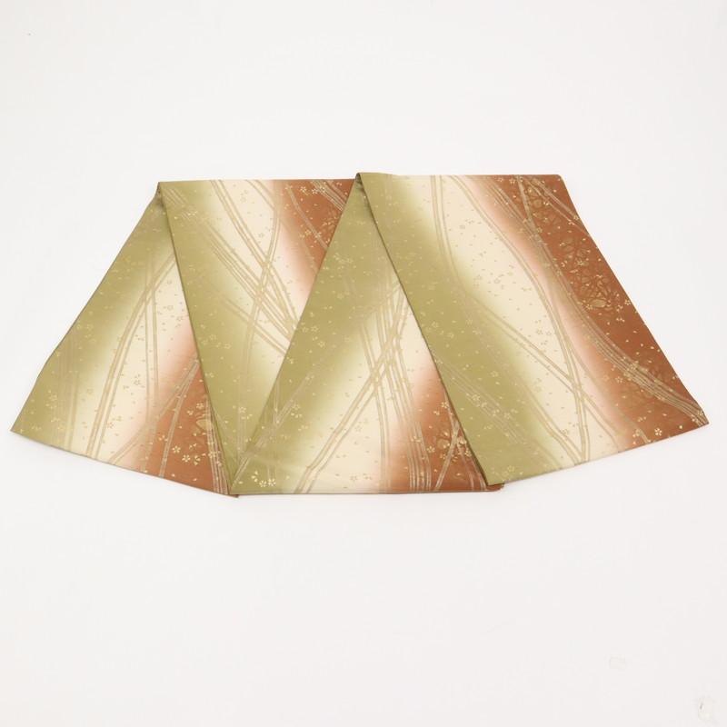 袋帯 牛首紬 白山工房 金彩の曲線と桜の花模様 きもの 証紙付正絹着物 