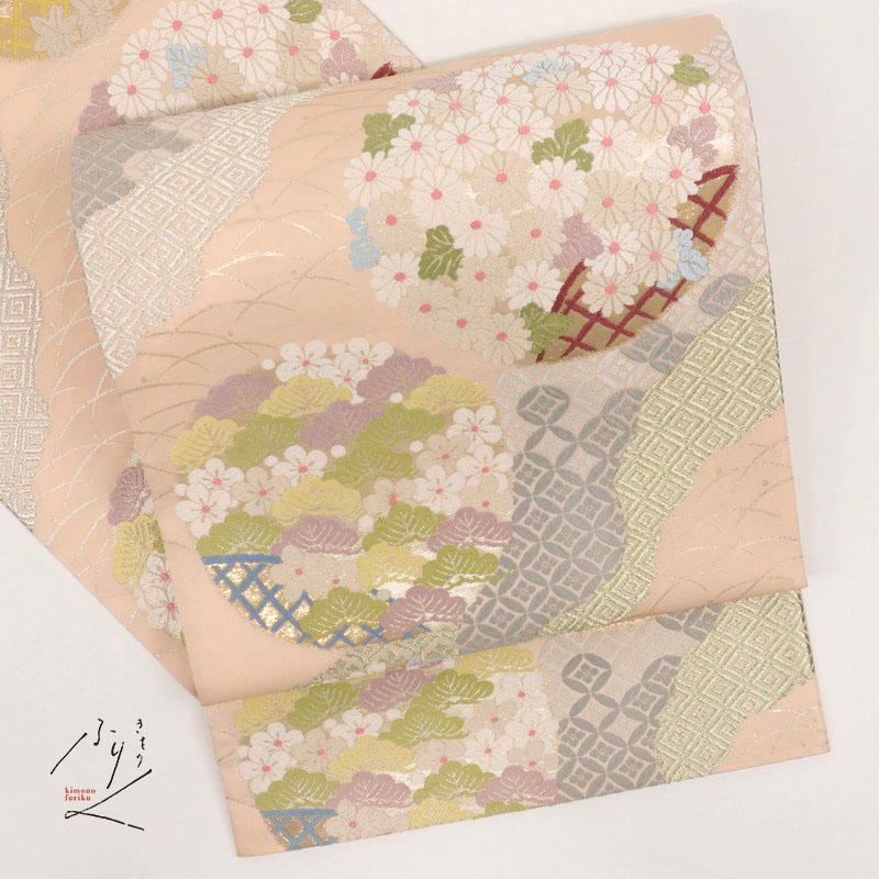 袋帯 本金箔緑茶染め 卆寿唐織 花の丸文 ピンク色 正絹 着物 FM9-14  