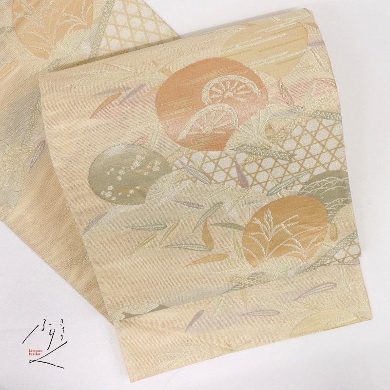 名古屋帯絹未使用品クリーム色 六通柄締めやすい普段着着物お茶席