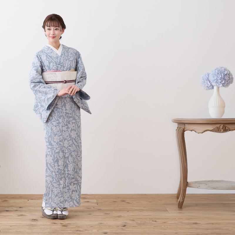 【阿波しじら】 『反物』 抜染 【青みグレーに草花模様】 12m 女性用 しじら織 夏着物 ゆかた 木綿 お仕立て可 普段着 湯通し済み 着物 浴衣 家庭洗濯可 No,G01の画像