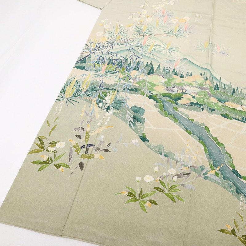 訪問着 作家物 情景美 落款有 背紋有 グリーン 袷正絹着物 Mサイズ